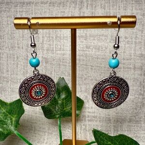 NWT Boho Dangle Earrings: Turquoise Bead & Red Medallion Design